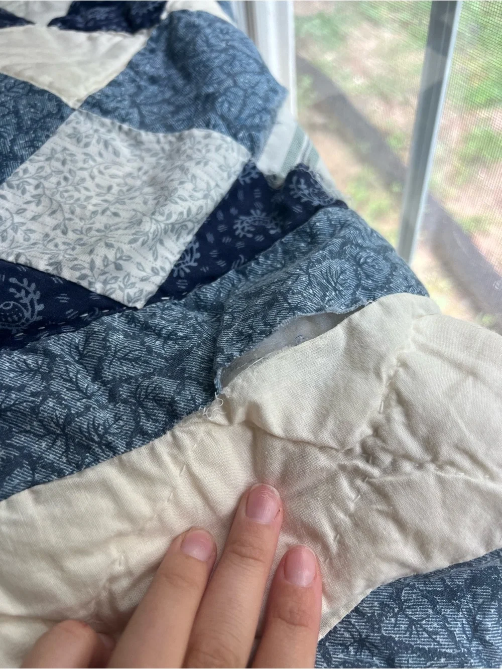 Handmade Patchwork Cotton Quilt in Blue and White